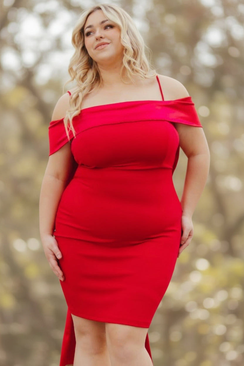 Contrast Fabric Open Shoulder Plus Size Mini Dress