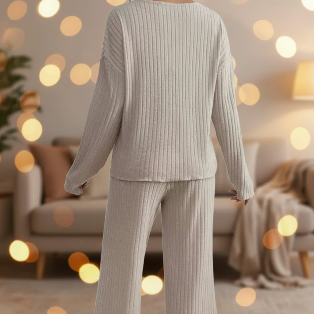 V-Neck Ribbed Loose Knit Fleece Long Sleeve Top Pants Set