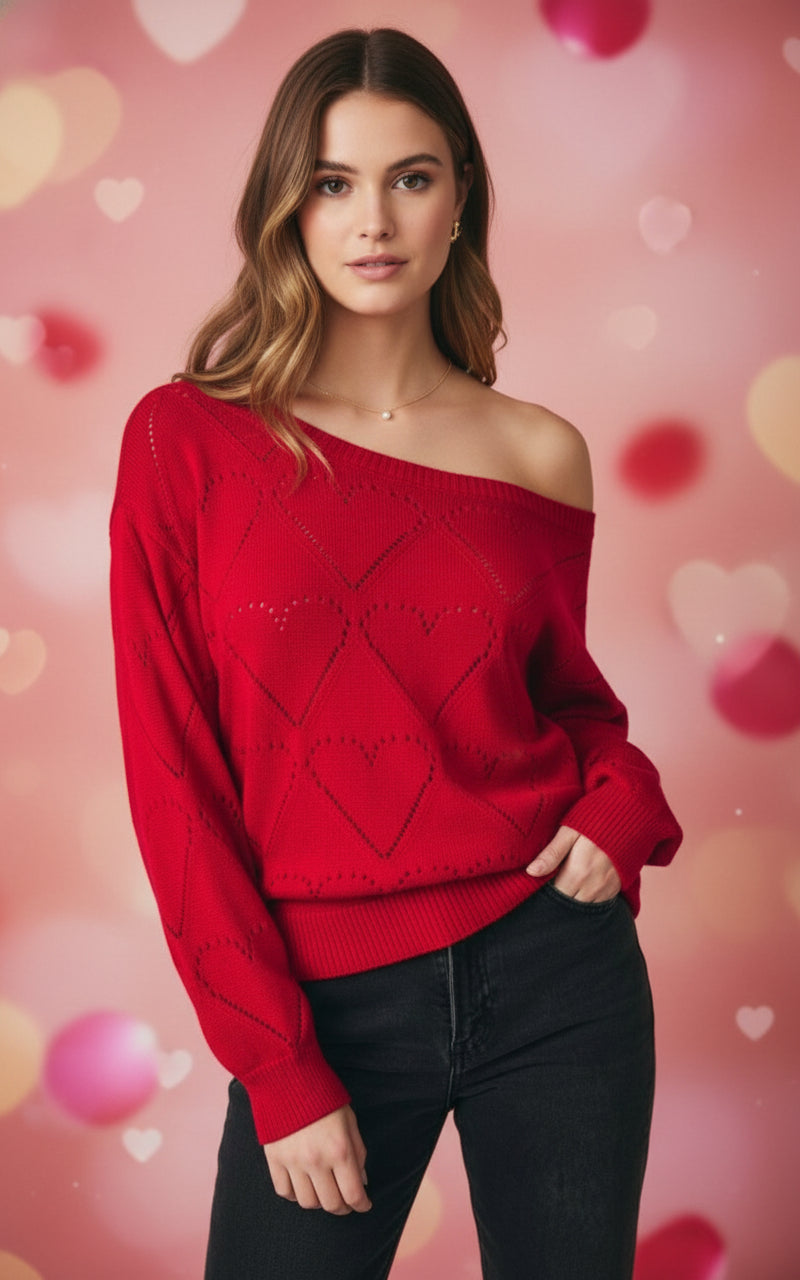 Boat Neck Long Sleeve Heart Shape Texture Sweater