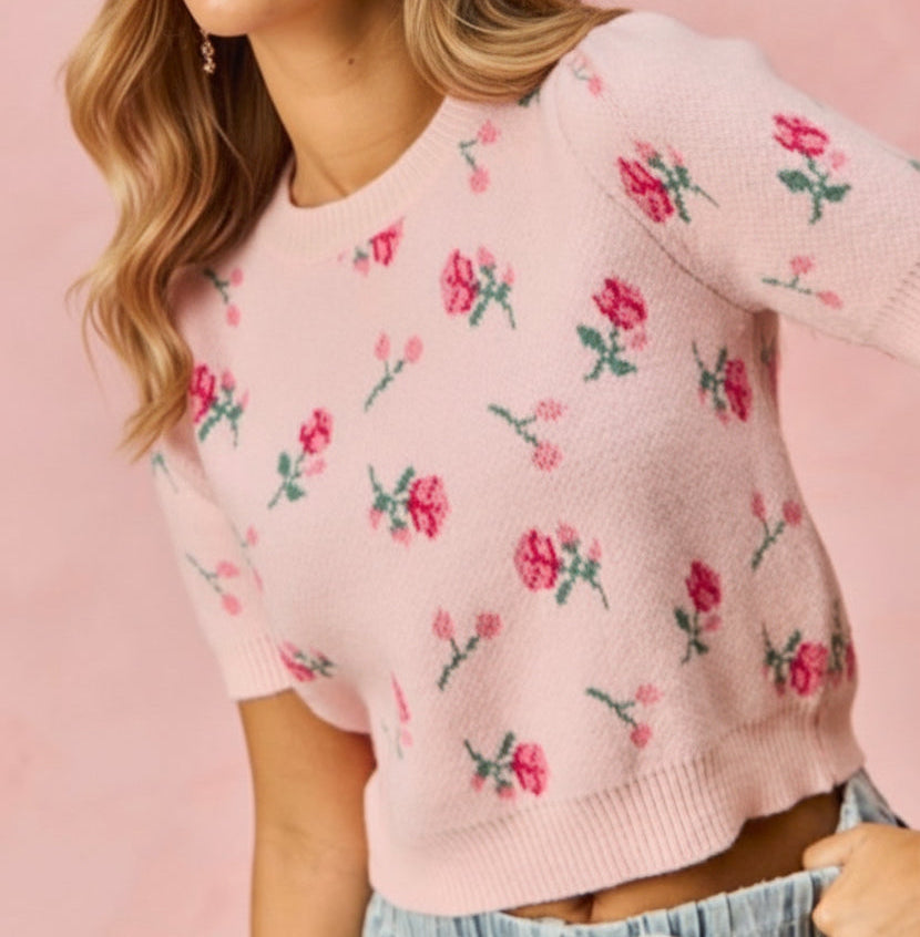 Floral Pattern Knit Puff Sleeves Sweater Top