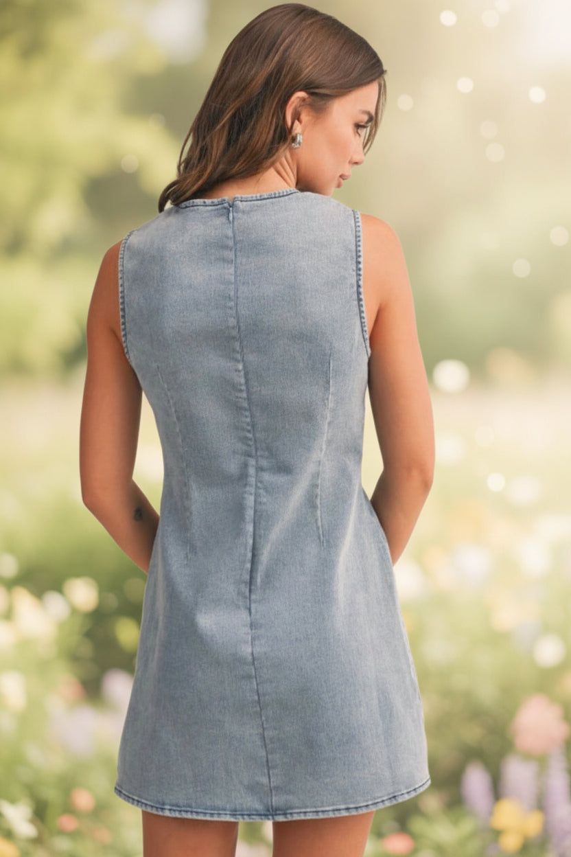 Ribbon Detailed Denim Mini Dress