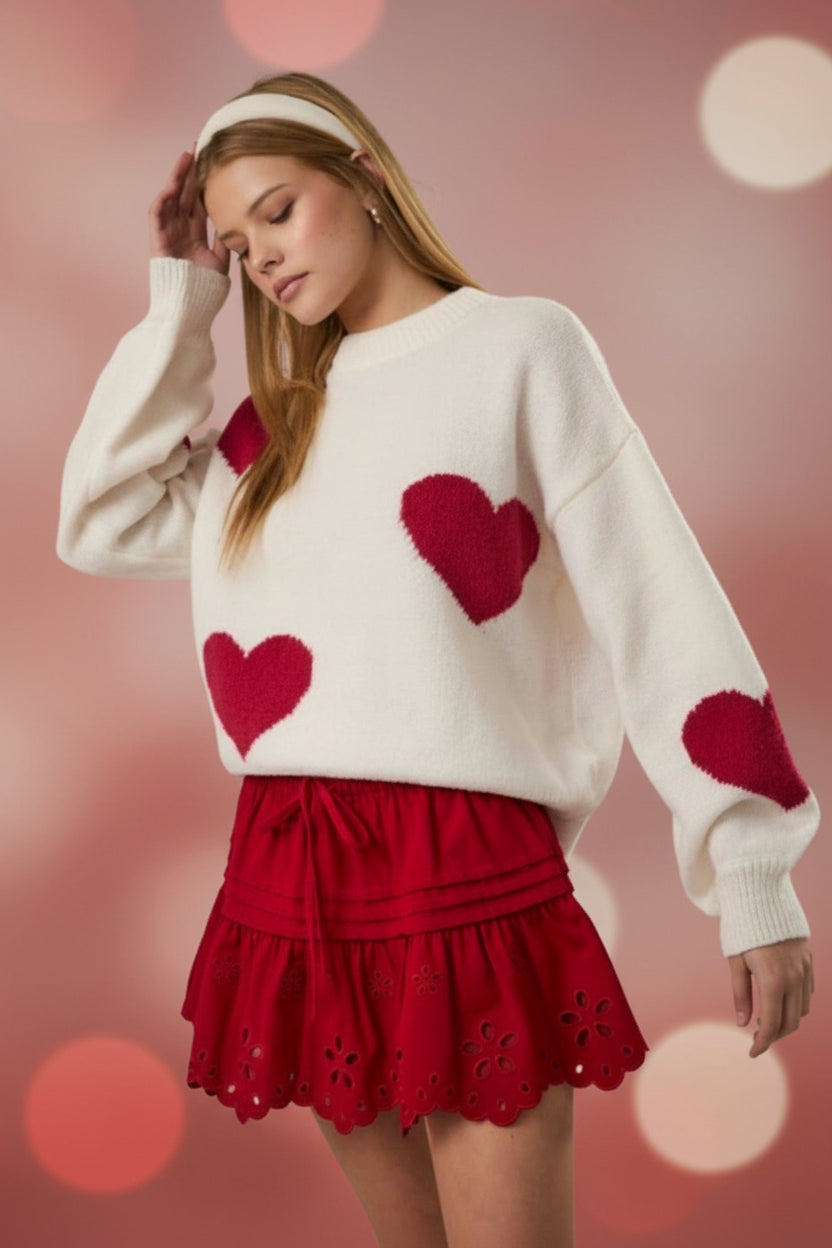 Long Sleeve Crew Neck Heart Sweater