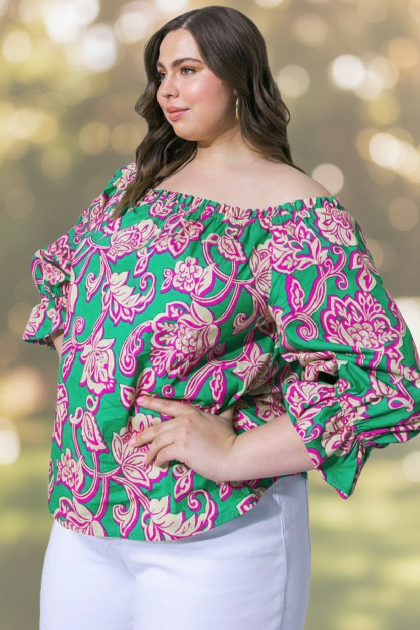 Plus Size Printed Poplin Off The Shoulder Neckline Top