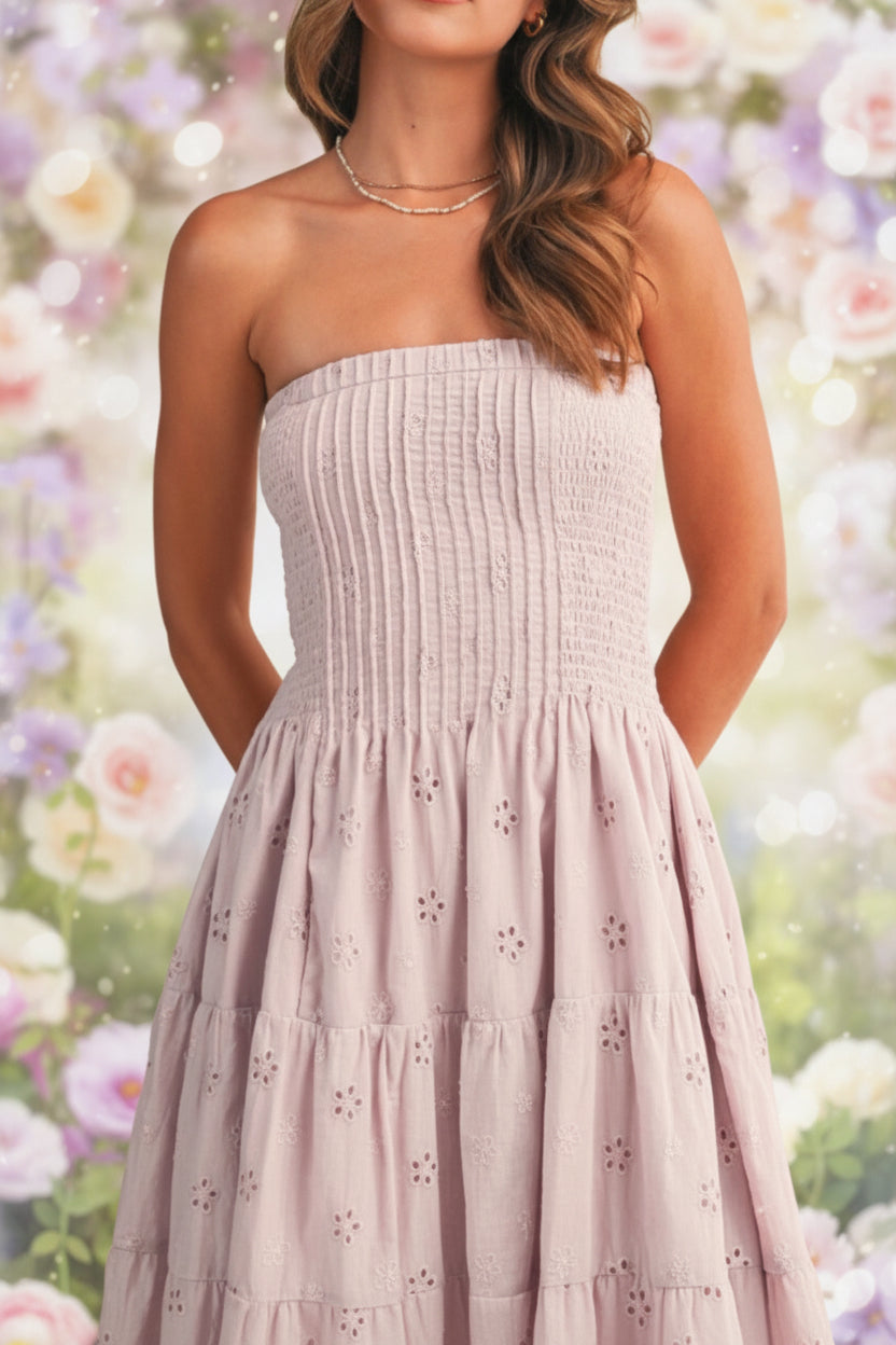 Strapless Eyelet Pleated Detailed Midi Dress