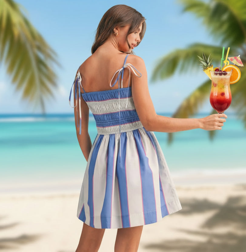 Striped Smocked Top Tie Strap Mini Dress