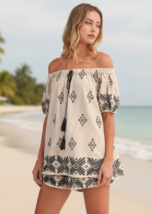 Border Print Embroidered Off Shoulder Set