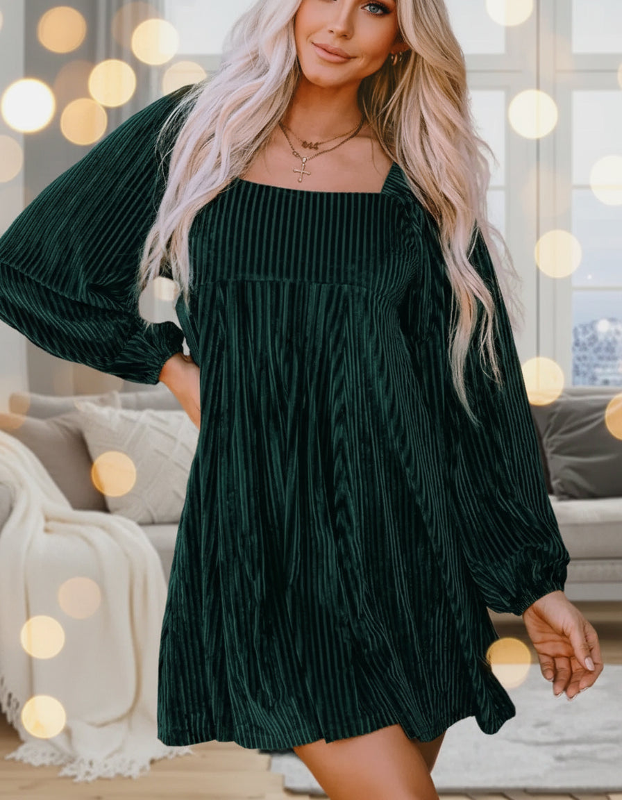 Tie Back Square Neck Velvet Babydoll Dress