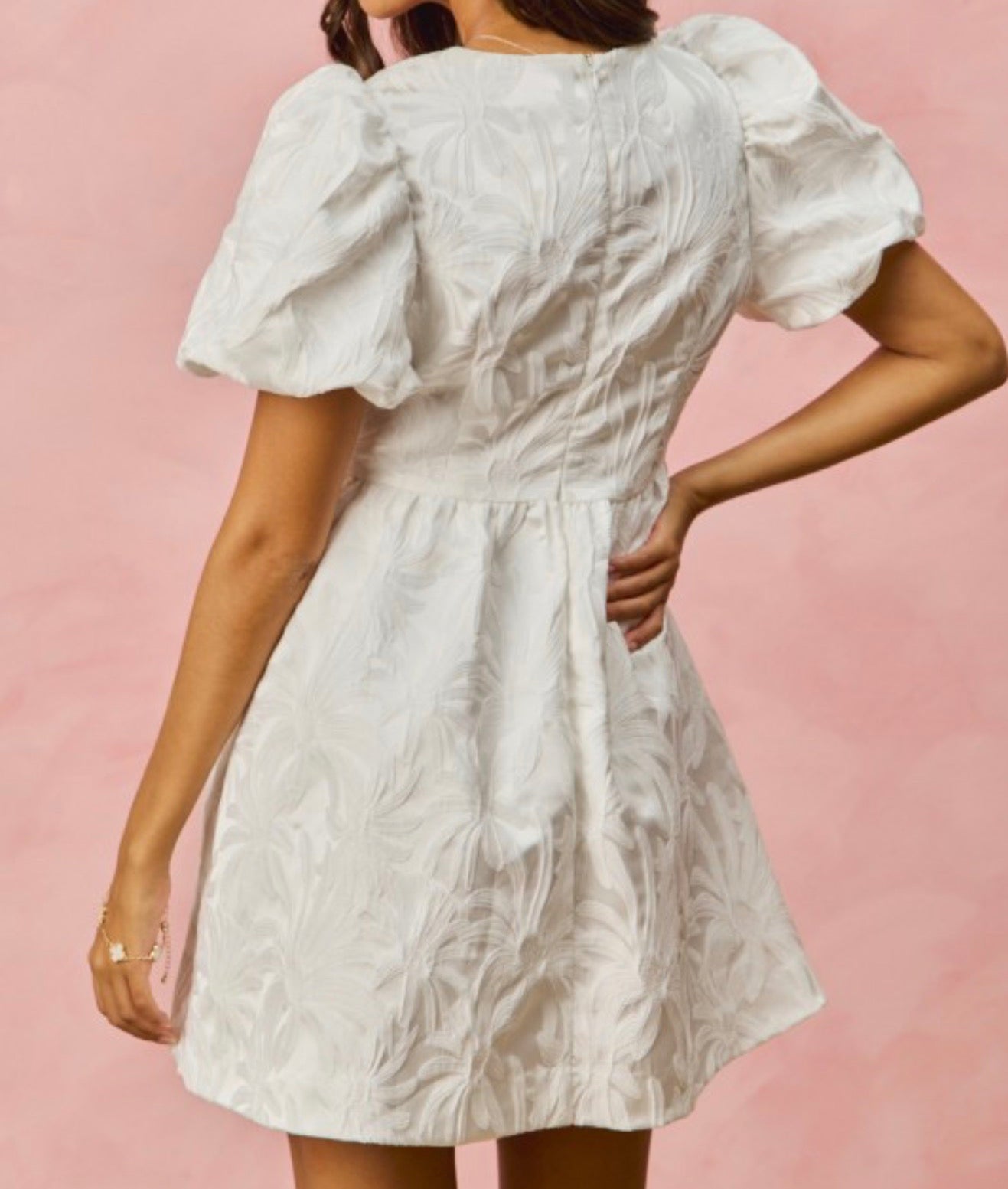 Floral Jacquard Bubble Short Sleeves Mini Dress