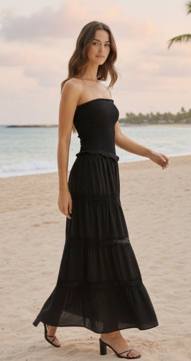 Gauze Flare Maxi Dress With Lace Detail
