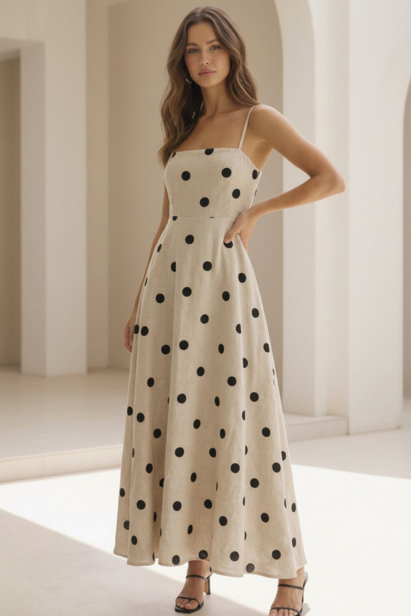 Polka Dot Printed Linen A-Line Midi Dress