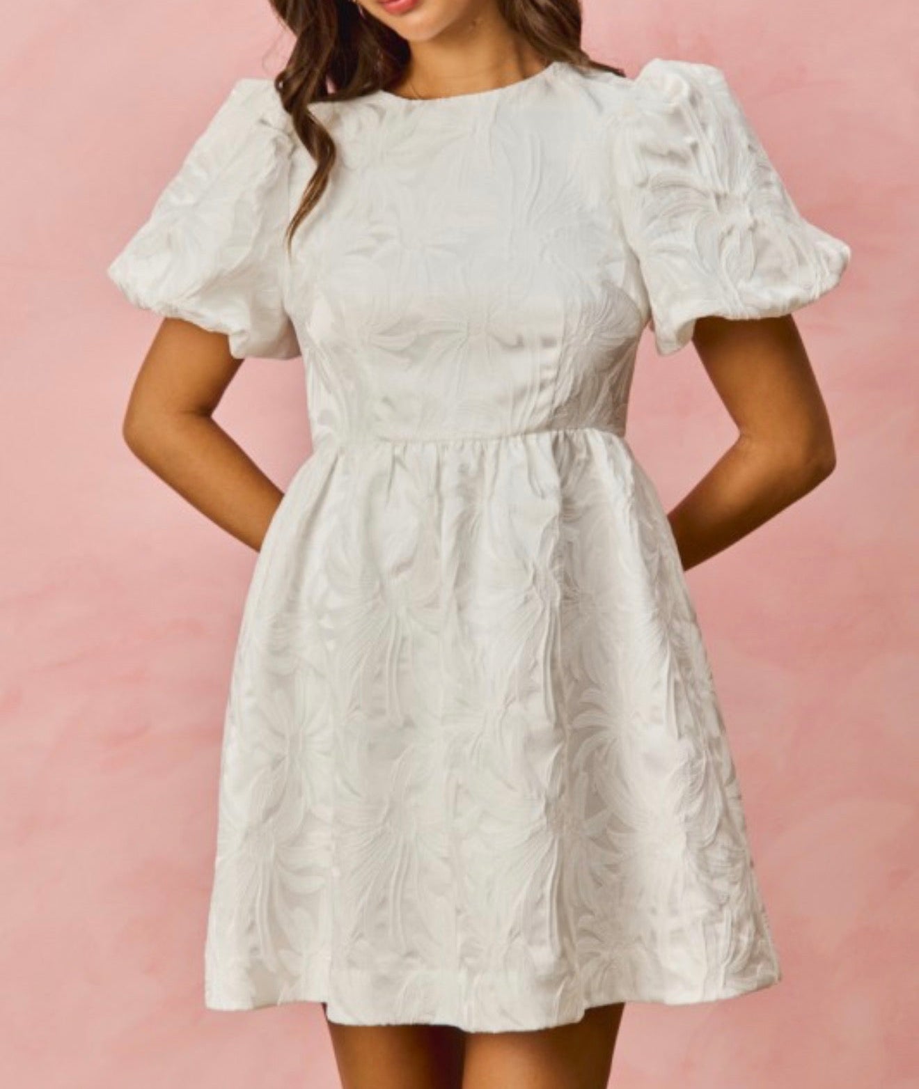 Floral Jacquard Bubble Short Sleeves Mini Dress