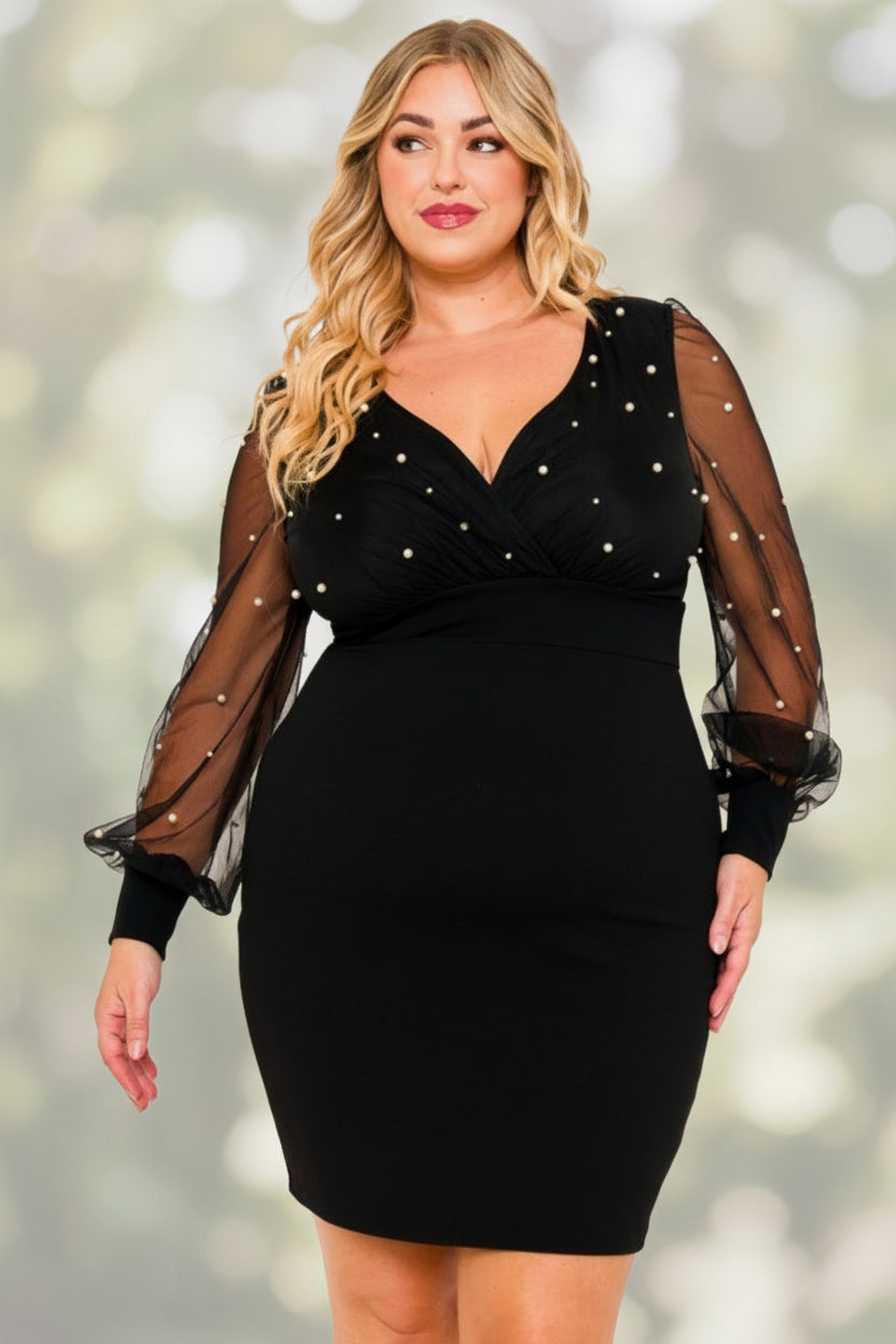 Pearl Beaded On Mesh Plus Size Mini Dress