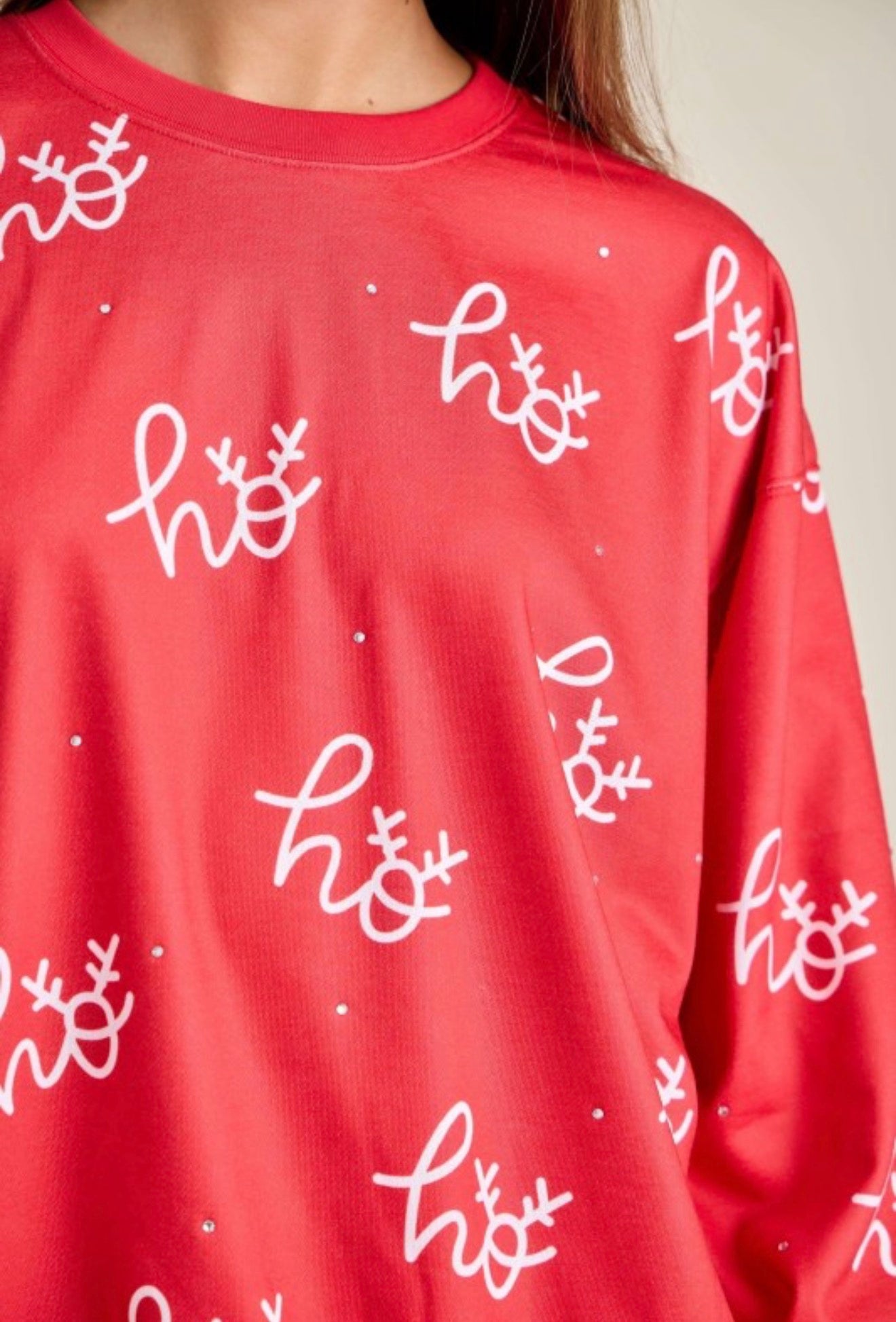 Christmas Printed Crewneck With Rhinestone Detailing