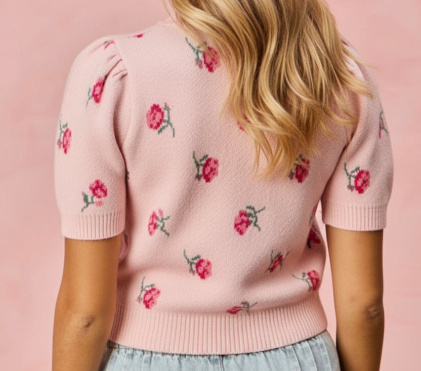 Floral Pattern Knit Puff Sleeves Sweater Top