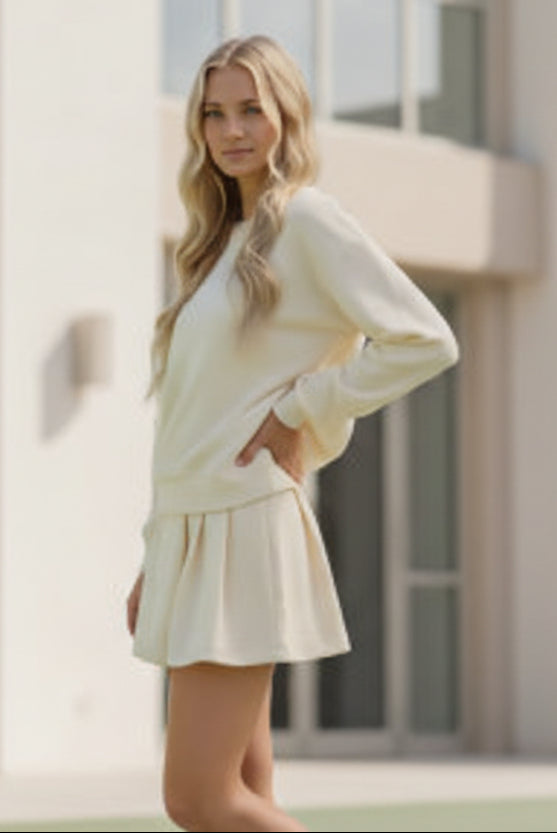 Crewneck Basic Sweatshirt and  Pleated Mini Skirt-Set