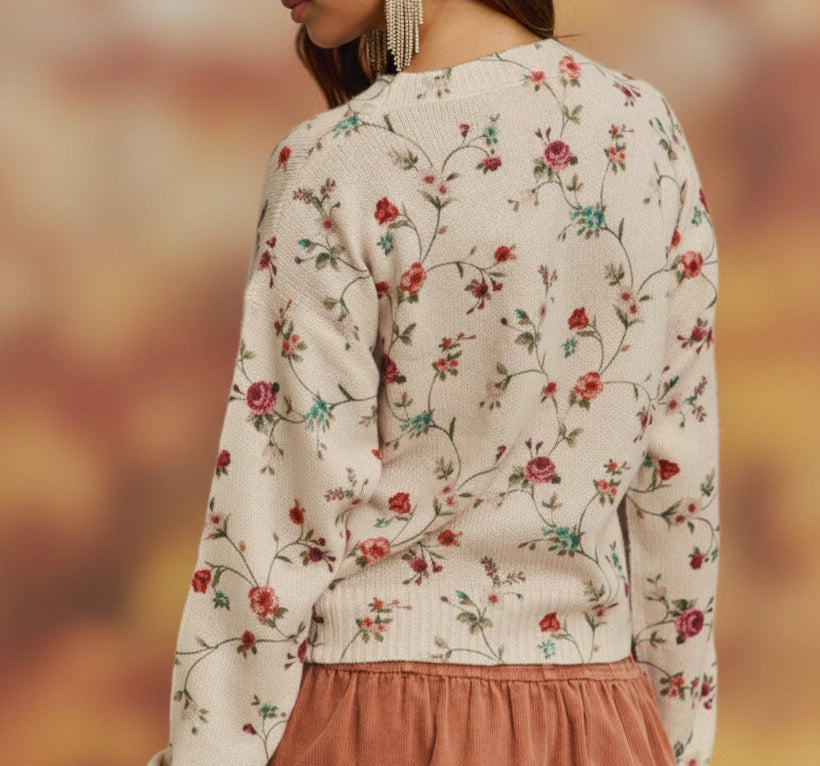 Floral Print Crewneck Sweater Knit Top
