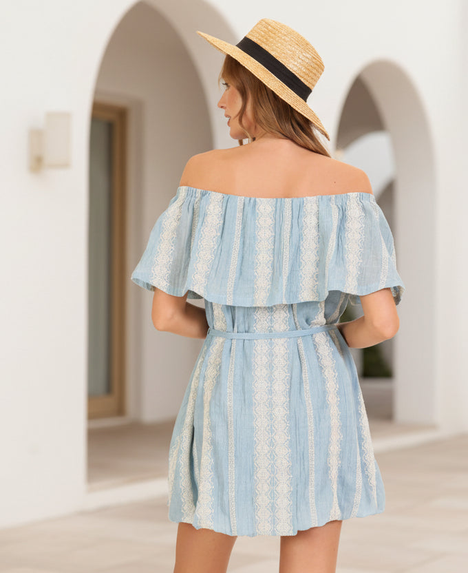 Off-The-Shoulder Embroidered Stripe Mini Dress