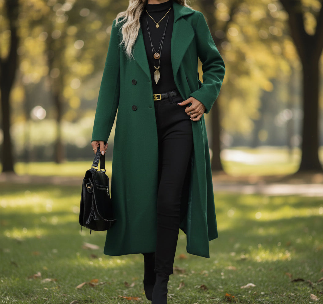 Lapel Tie Double-Breasted Long Coat