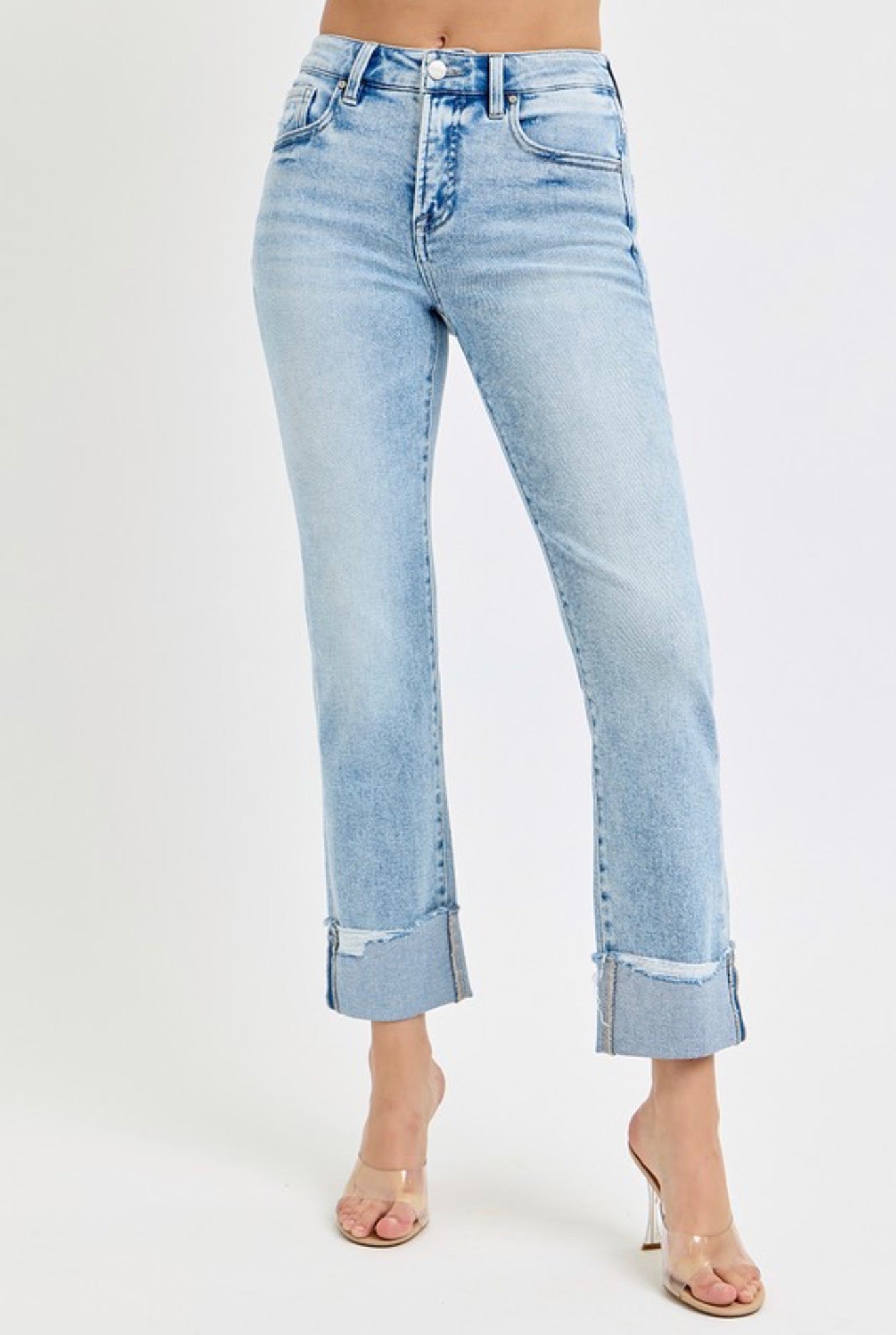Tummy Control High Rise Crop Straight Cuffed Jeans