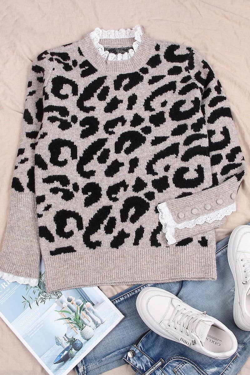 LEOPARD LACE TRIM CREWNECK BUTTON KNIT SWEATER