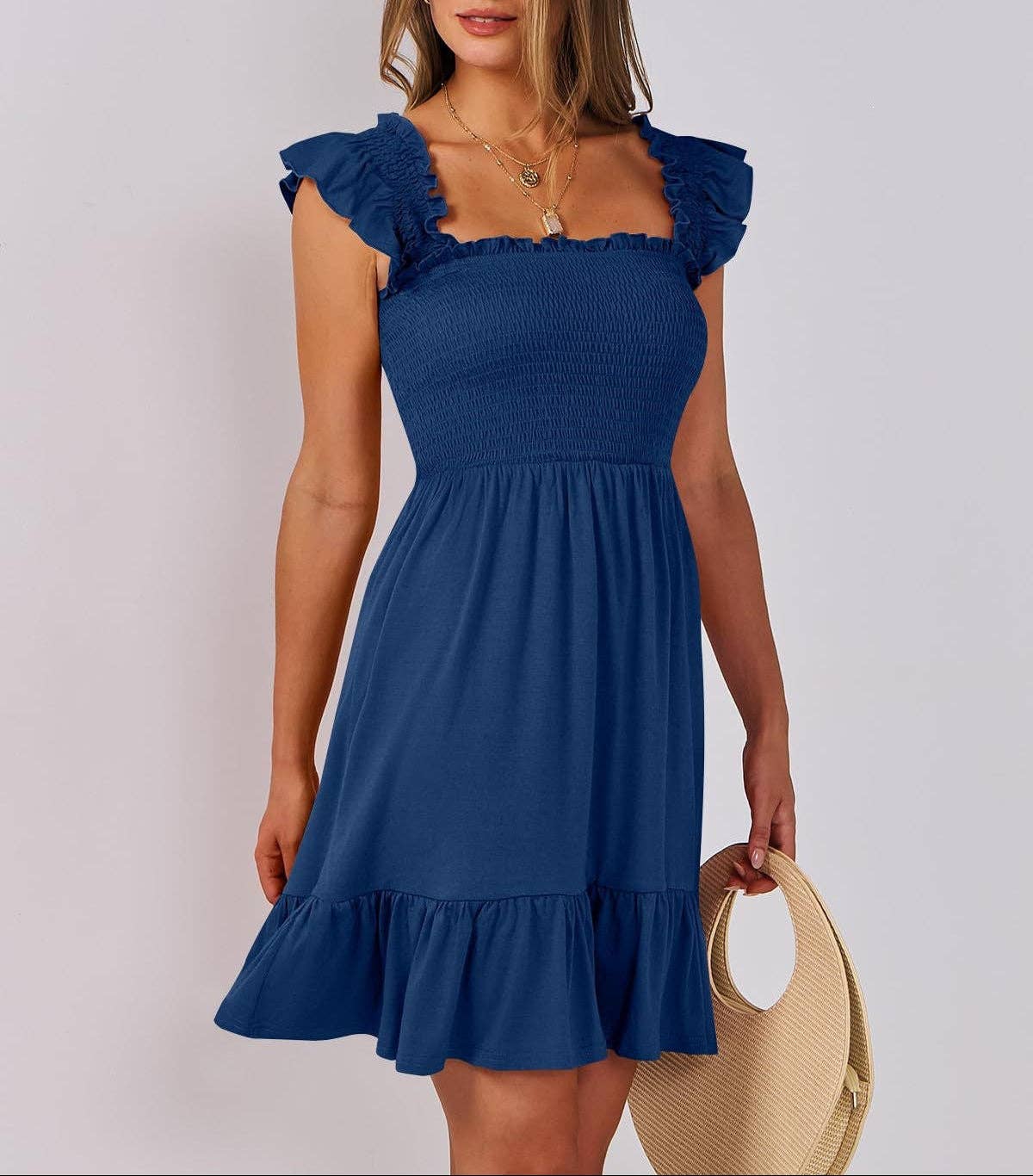 Smocked Square Neck Ruffle Sleeve Midi Dress
