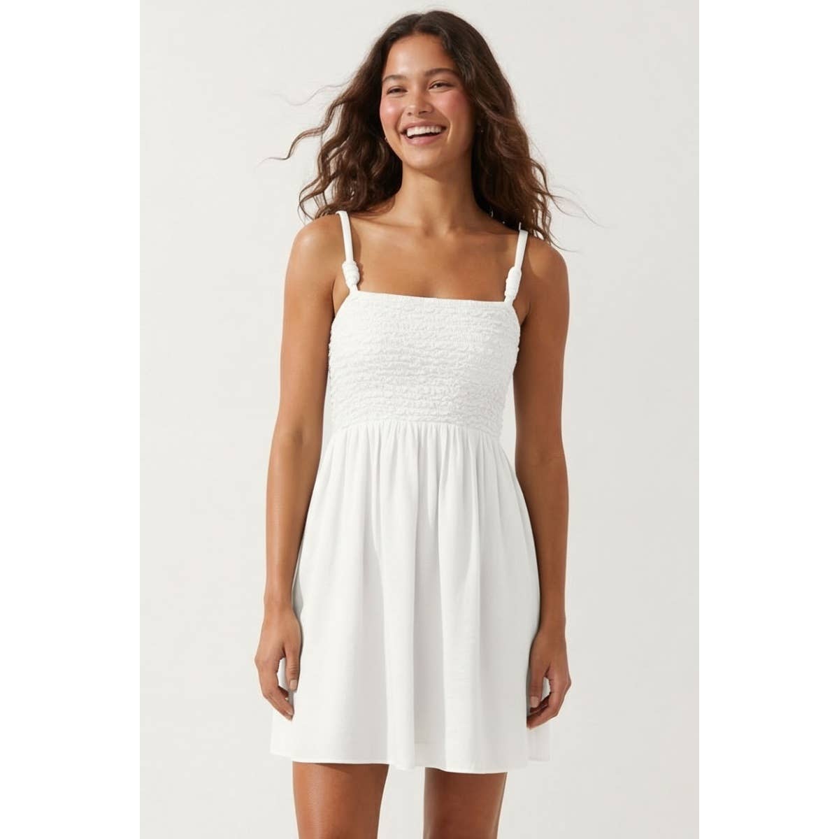 Cord Detail Smocking Mini Dress