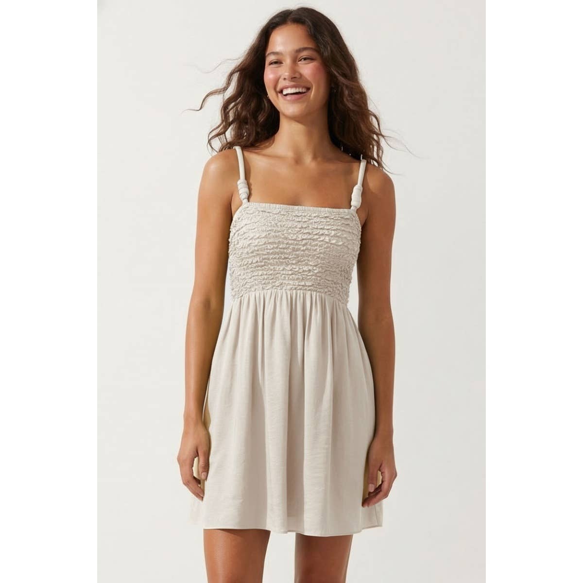 Cord Detail Smocking Mini Dress