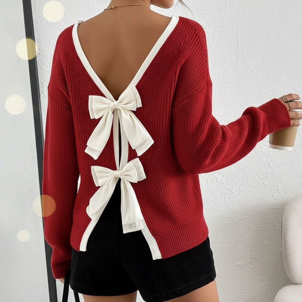 Christmas Bow Decor Backless Knit Pullover Sweater