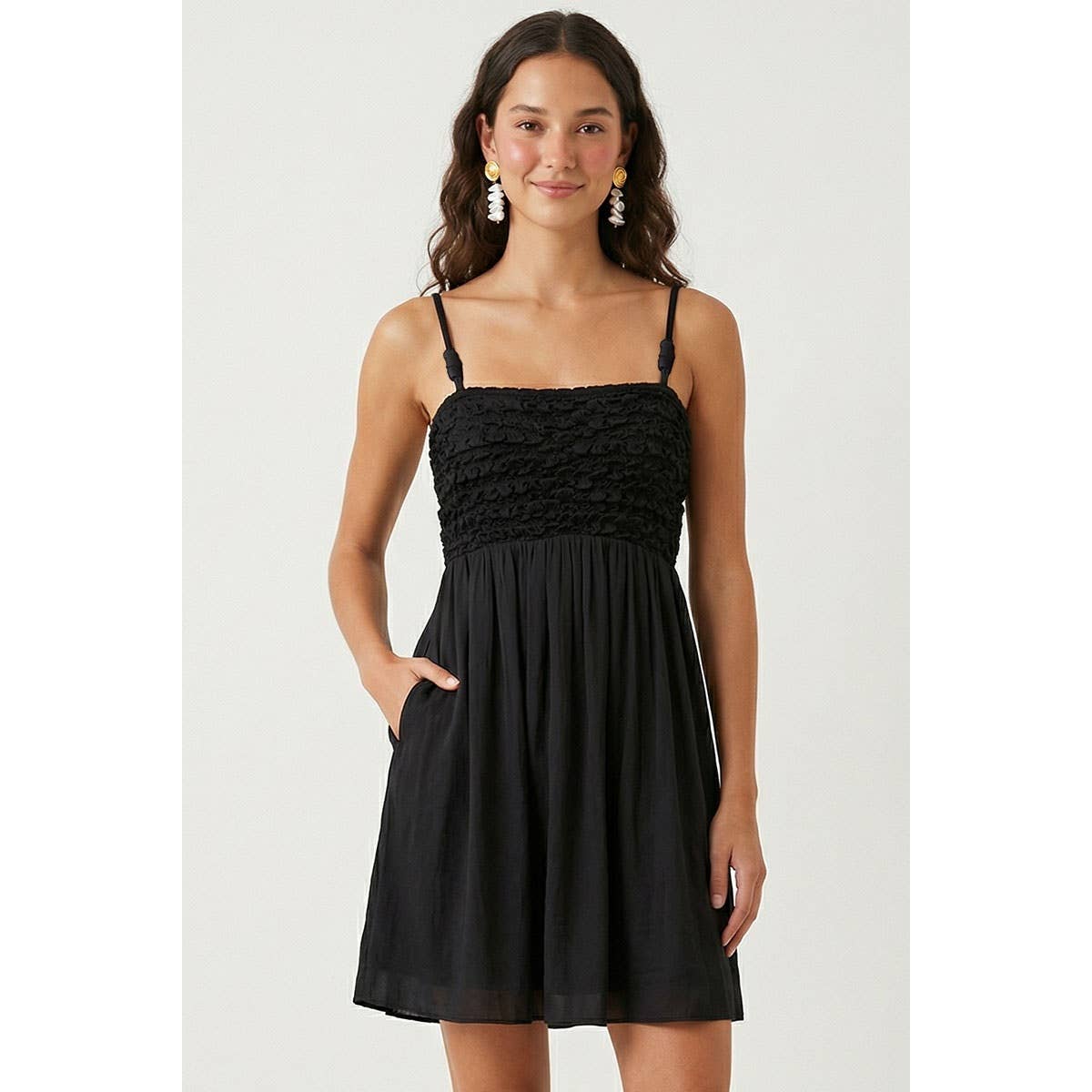 Cord Detail Smocking Mini Dress