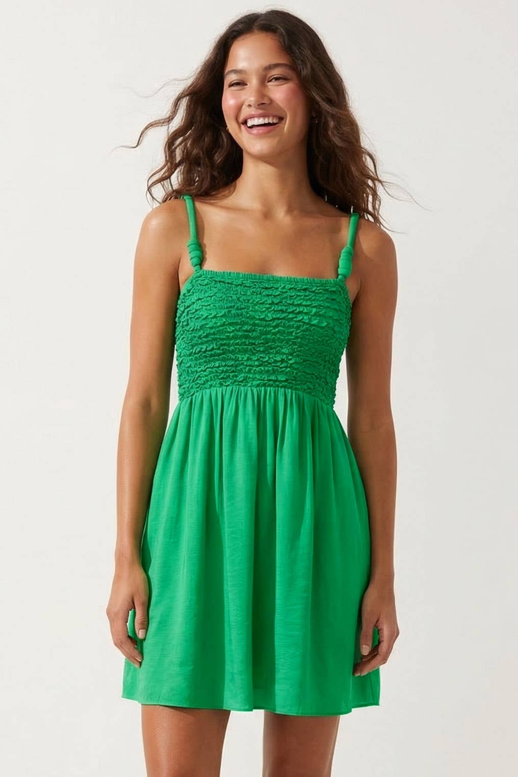 Cord Detail Smocking Mini Dress