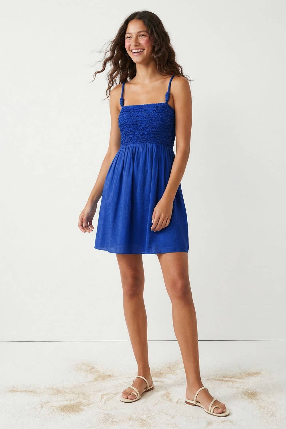 Cord Detail Smocking Mini Dress