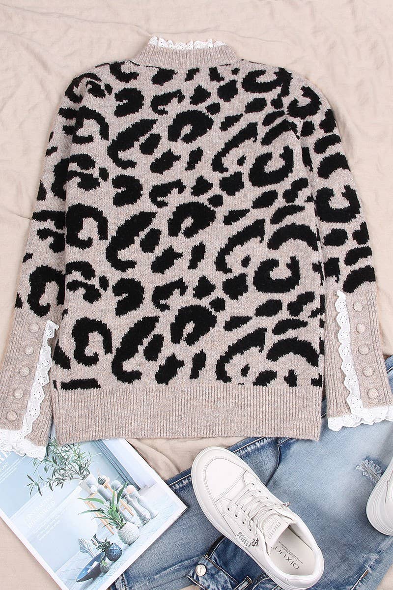 LEOPARD LACE TRIM CREWNECK BUTTON KNIT SWEATER