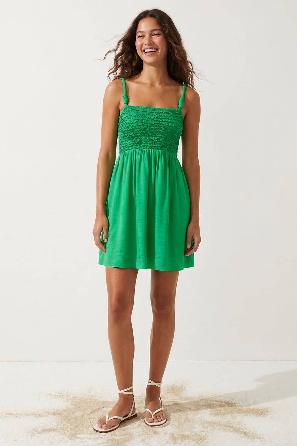 Cord Detail Smocking Mini Dress